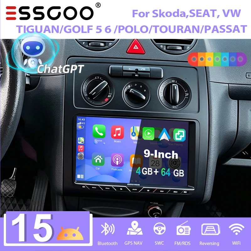 Essgoo 9-Zoll Android 15 4+64G für Skoda Seat VW Passat B6 B7 Golf 5 6 Polo Tiguan T5 Touran Jetta 6R Autoradio mit Wireless Carplay Android Auto GPS Navi RDS FM WLAN Bluetooth AI-Sprachsteuerung