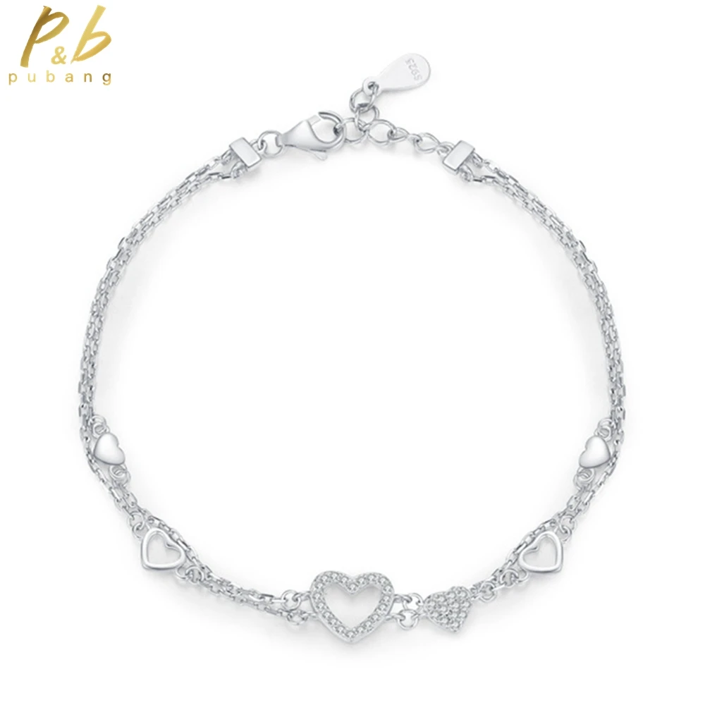 

PuBang Fine Jewelry Real 925 Sterling Silver High Carbon Diamond Heart Bracelet for Women Anniversary Wedding Gift Free Shipping