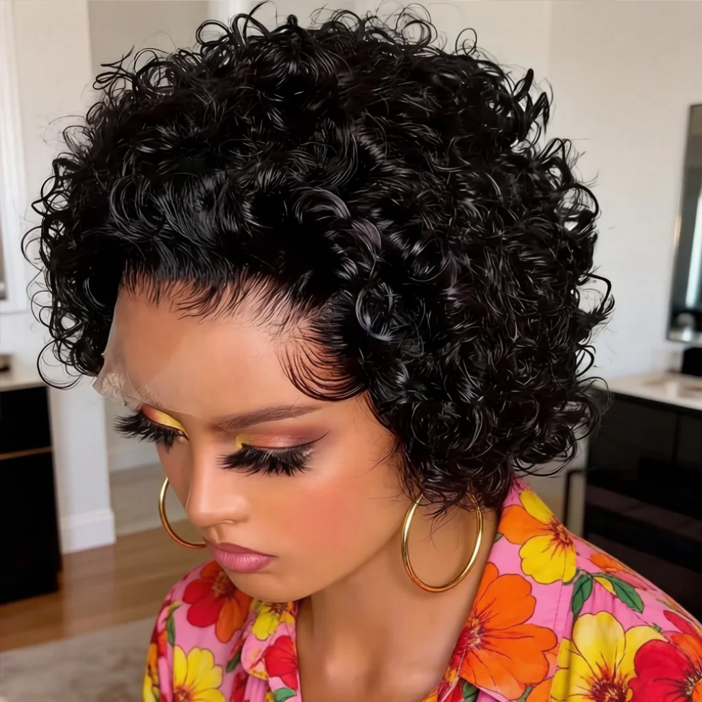 

13x1 Lace Front Short Curly Human Hair Wig for Women, Pre Plucked Pixie Cut Wig, Natural Black 150% Density
