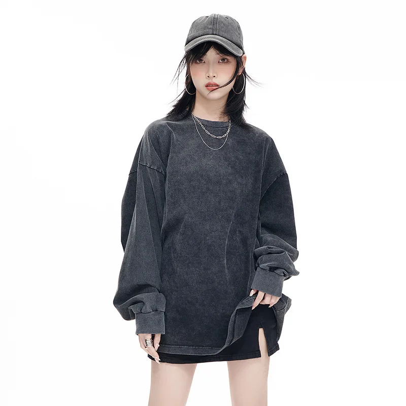 Women's Cotton Worn Out Washed T-shirt Long Sleeved Women Street Hip Hop Loose Sweatshirt Casual Tops