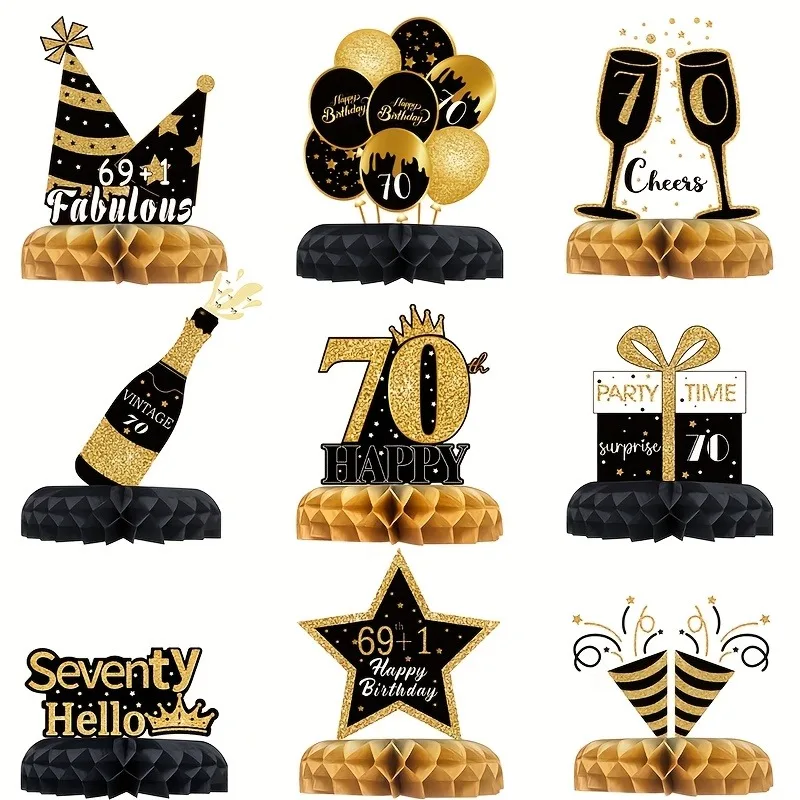 70. Geburtstag Wabendekor-Set, Schwarz-Gold Themen-Tischdekoration mit Kronen- & Champagner-Design für Geburtstagsfeier – Detail 7