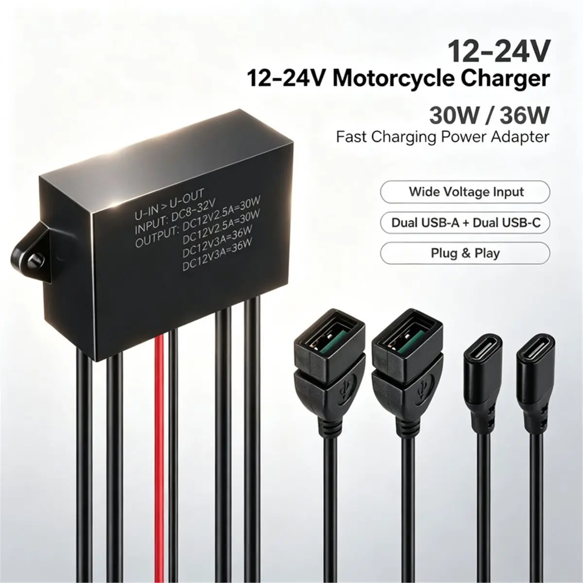 AU47-Dual USB and Type-C Power Supply Module 30W 36W PD Converter for Car Automobiles 8V-32V to 12V