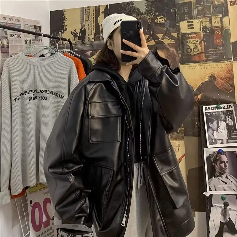 Otoño Invierno algodón estilo puerto Retro Casual silueta suelta Cool moda negro cremallera motocicleta chaqueta de cuero Mujer