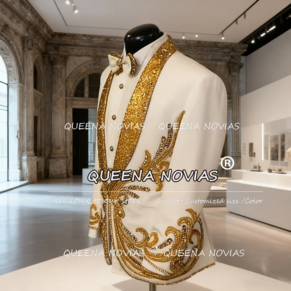 

Rhinestones Beaded Wedding Tuxedo Suits For Men Sequin Lapel Prom Blazers Outfits Man Banquet Party Dress Groom Suit Customized