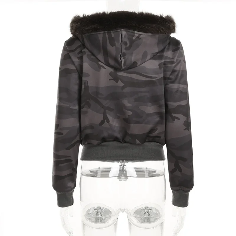 Goth Dark Streetwear Hoodies Faux Fur Collar Double Zip Hooded Coats Women Casual Pocket Gothic Jackets Y2K Grunge Fall cardigan