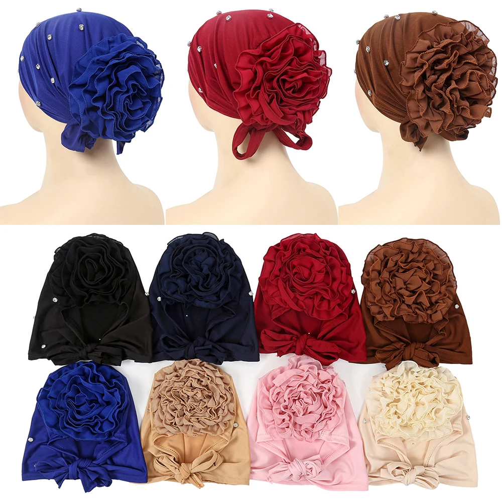 Big Flowers Women\'s Hijabs Turban Hat Muslim Headscarf Summer Rhinestone Chiffon Baotou Hat Head Wrap Comfortable Solid Color