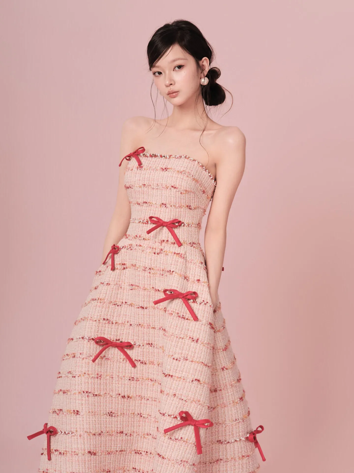 Roze strik toastjurk verlovingsbruiloft slim fit jurk verjaardagsfeestje gastheer coming-of-age ceremonie strapless jurk