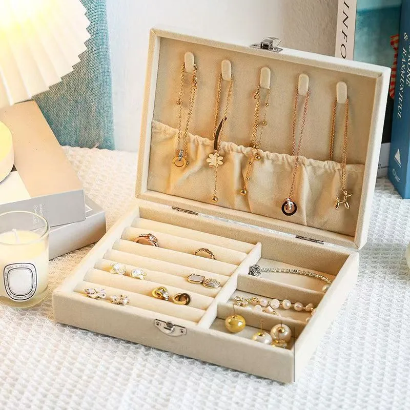 Velvet Jewelry Box Flip Cover Storage Box with Lock Buckle Earrings Necklace Bracelet Ring Display Case Portable Travel Organize