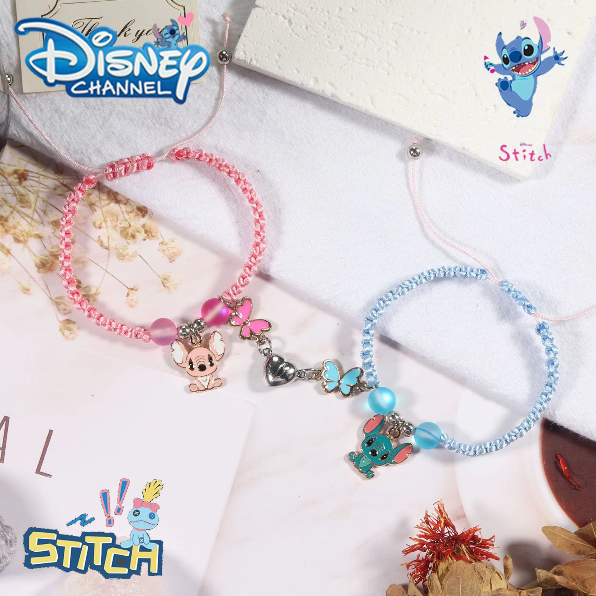 

Disney Lilo & Stitch Charms Bracelet Anime Rope Stitch Couple Braided Love Magnetic Kawaii Chain Jewelry Accessories Set Gift