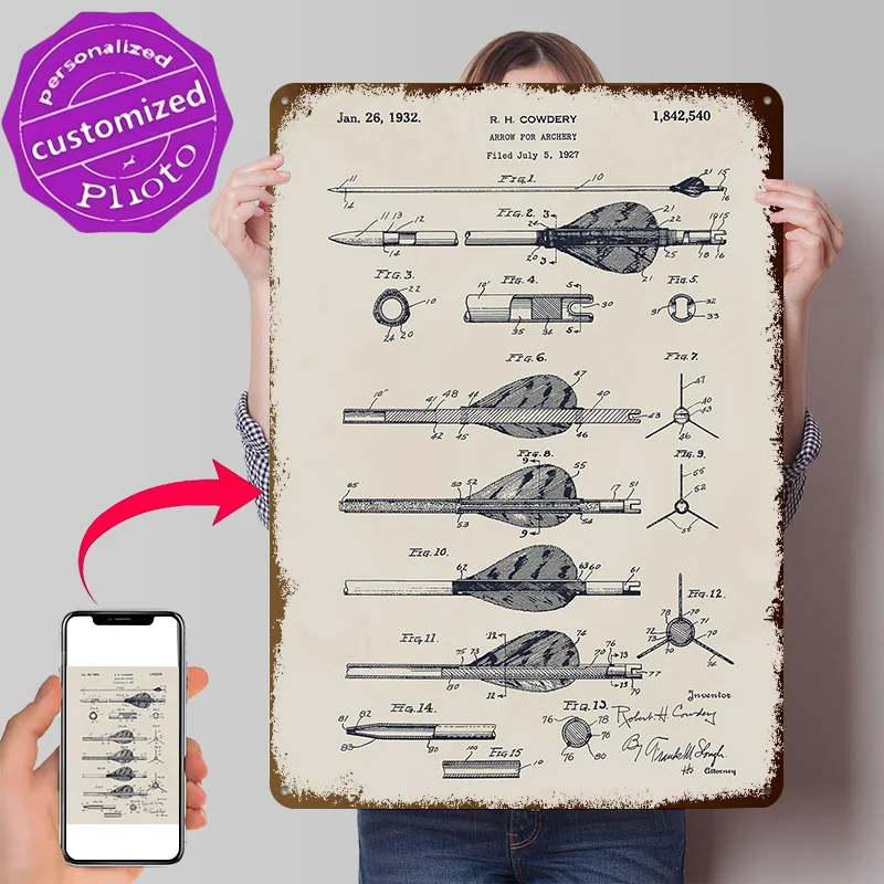 Arrows Lock Patent Drawing 3D Texture Metal Poster Customized Wall Art Tin Sign Gift for Mancave Apartment Decoration Room Decor