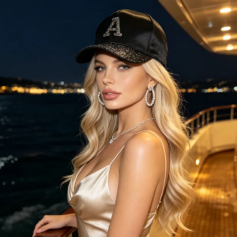 Y2K Glitter Letter A Women Satin Baseball Cap Wide Brim Adjustable Sun Hat Face Slimming Streetwear Outdoor Party Sport Visor