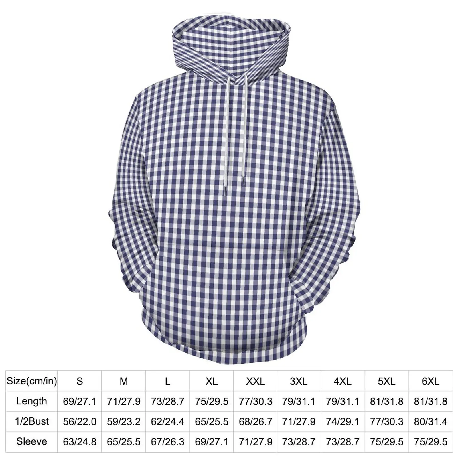 Blue And White Gingham Hoodies Checked Street Style Casual Hoodie Long-Sleeve Y2k Printed Hooded Sweatshirts Birthday Gift