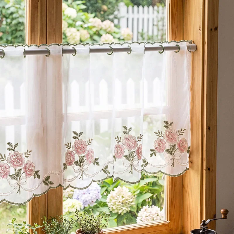 French Pink Rose Embroidery Cafe Curtain Rod Pocket Sheer Half Window Short Curtain Kitchen Bay Window Partition Door Decor
