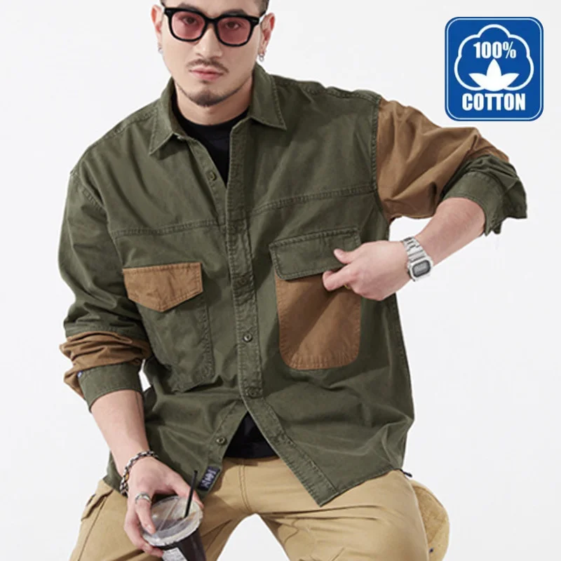 

Spring New Fashion Mens Vintage Patchwork Asymmetrical Dual Pockets Chic Long Sleeve Cargo Shirts Casual Camping Tops