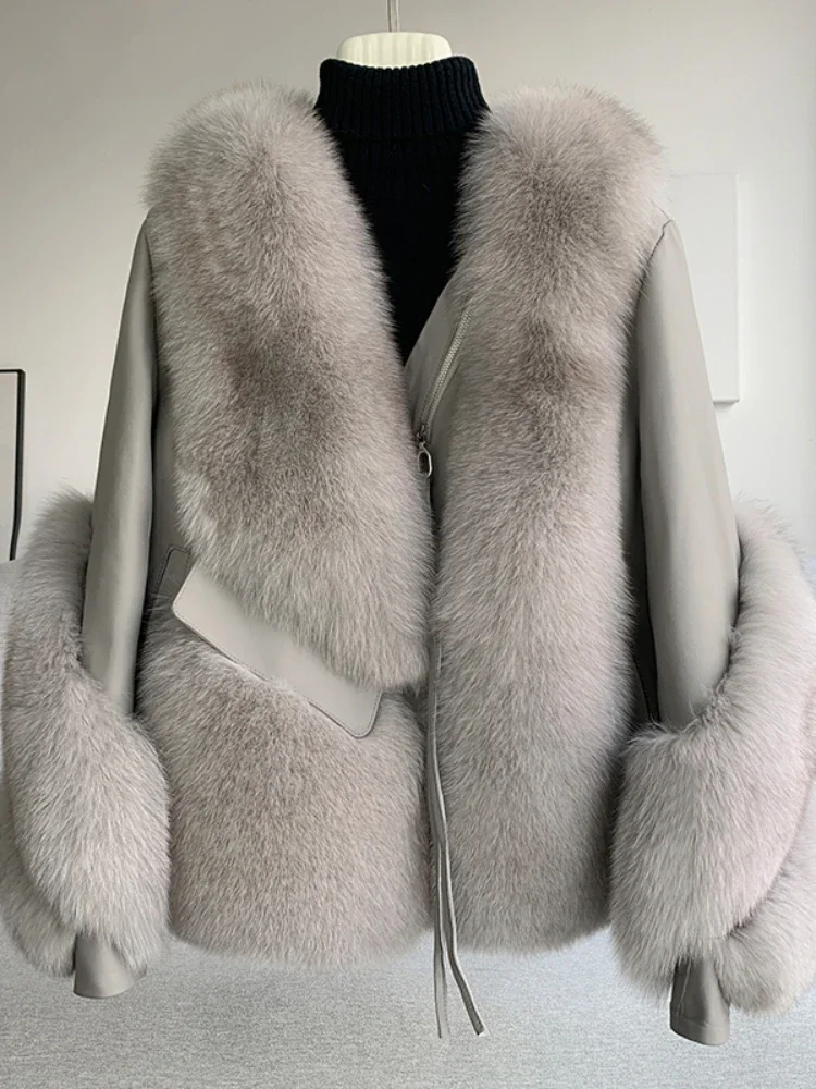 2025 femmes réel manteau de fourrure veste d'hiver naturel fourrure de renard en cuir véritable vêtements d'extérieur Streetwear Locomotive épais chaud nouveau