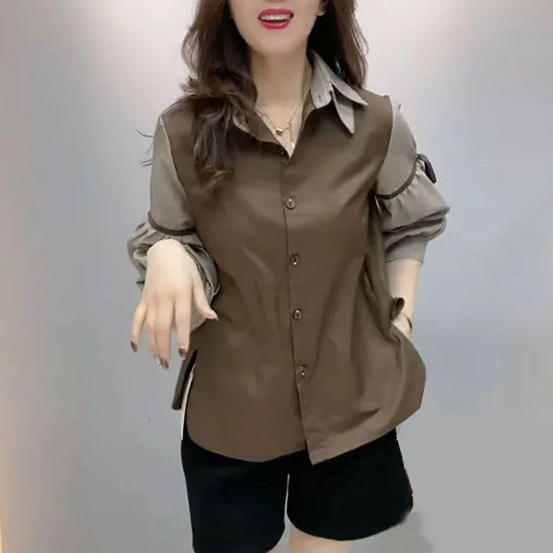 Roupas femininas elegante laço-up arco chique botão acima camisa contraste cor retalhos blusas divididas casual lapela manga longa topos