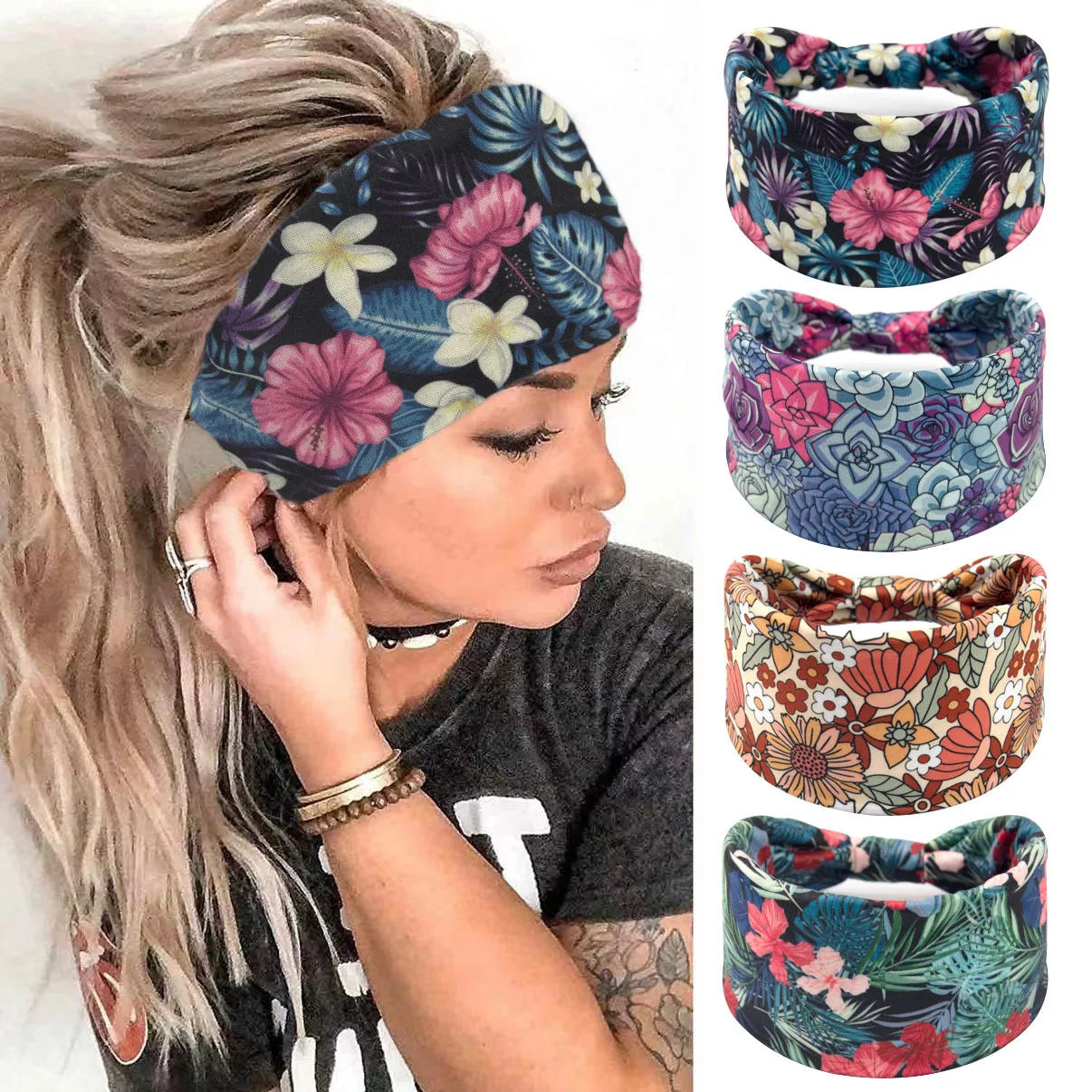 Boho Headbands For Women Wide Knotted Non Slip African Headband Elastic Yoga Turban Hair Scarfs Workout Printed Hair Accessories