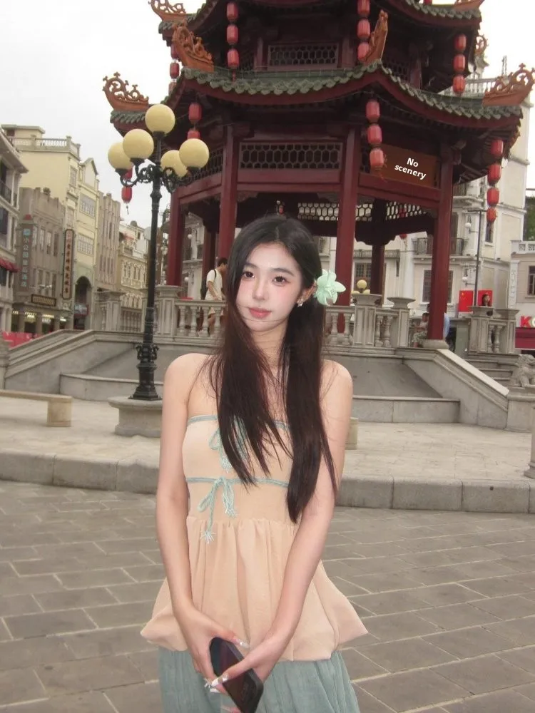 

Tagkita Summer Unique Beautiful Waist-Cinching Sleeveless Top And Skirt Set Women's Fashion Ensemble Short Sleeve round Neck