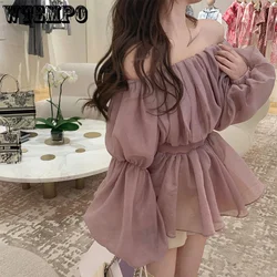 WTEMPO Off Shoulder Sexy Chic Sweet Crop Top Women Summer Fashion Casual Long Ruffle Sleeve Loose Fairy Kawaii T Shirt