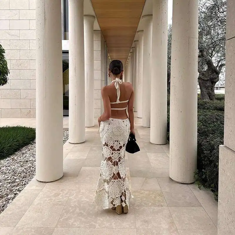 Jacquard Slim Sleeveless Holiday Fashion Lady Halter Hollow Knit Long New Summer Sexy Backless Wrap Hip Beach Dress