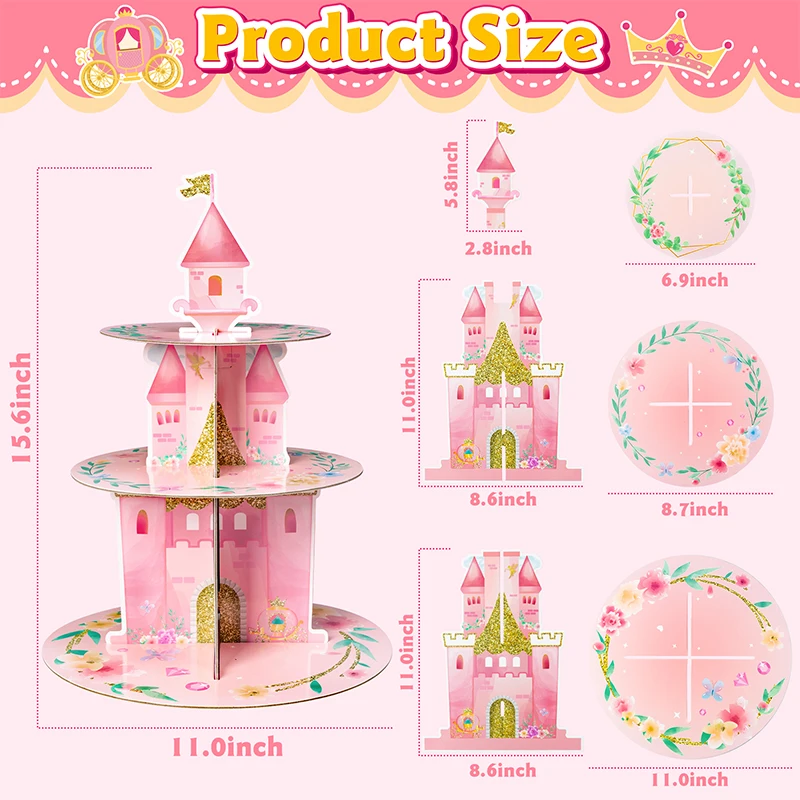 3 Layers Watercolor Princess Cupcake Stand Cardboard Castle Shape Cake Stand for Baby Anniversary Birthday Tea Party Supplies