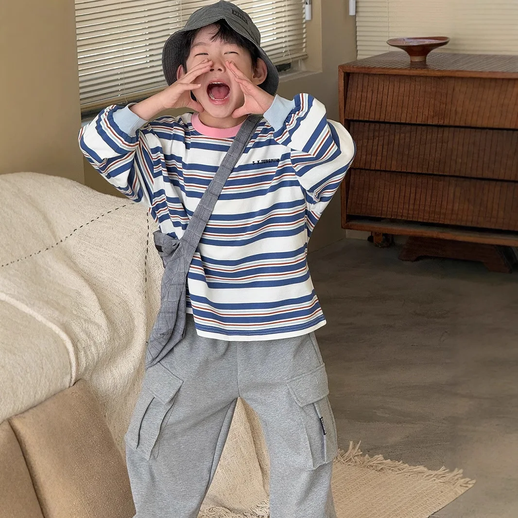 

2025 New Autumn Children's Long-Sleeve Striped Loose-Fitting T-Shirt for Outer Wear