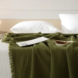 Vintage Solid Color 4-Layer Cotton Gauze Throw Blanket with Fringes, Breathable Soft for Home &  Decor