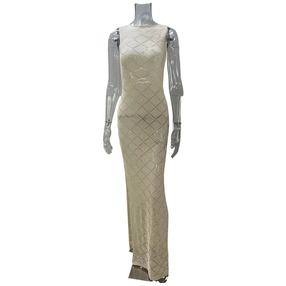 Vestidos femininos elegantes, transparentes, sexy, crochê, recorte, malha, gola redonda, sem mangas, alta qualidade, simples, vestidos de festa à noite