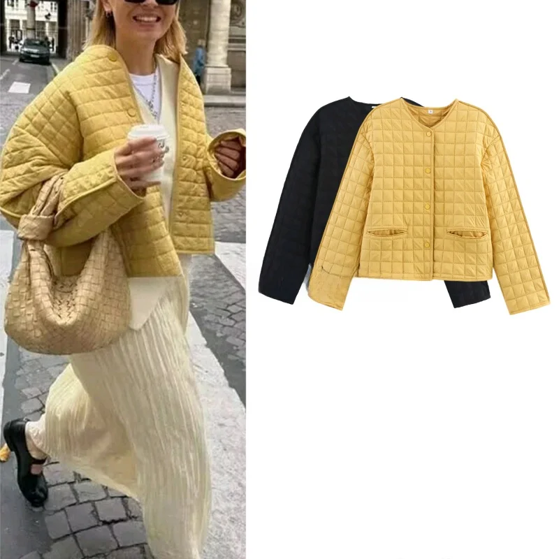 

Fall New Women's mat Sle Loose Single Button round Ne Long Sve ort Quilted Cotton Jaet Coat Plaid Pattern