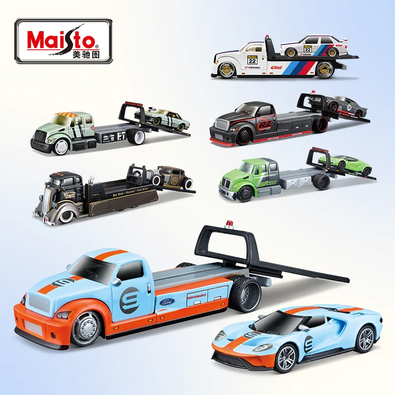 

Maisto1:64 Die-casting Car Model with Flatbed Truck White and Black Elite Transport Vehicle Set Series Collection Gift Toy