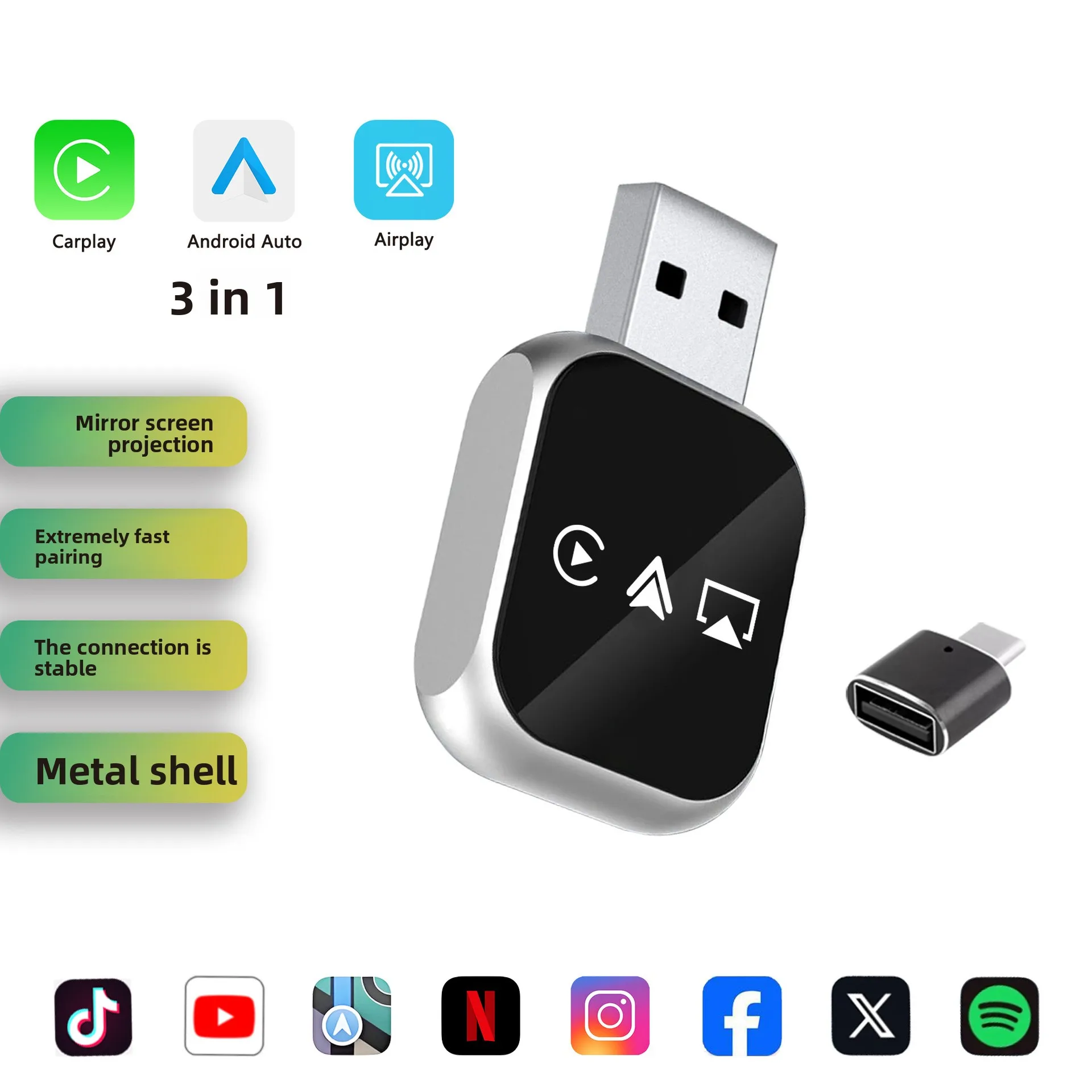 For Apple Mirror Cast Wireless CarPlay Box 4-in-1 Android Auto Airplay Car Connectivity