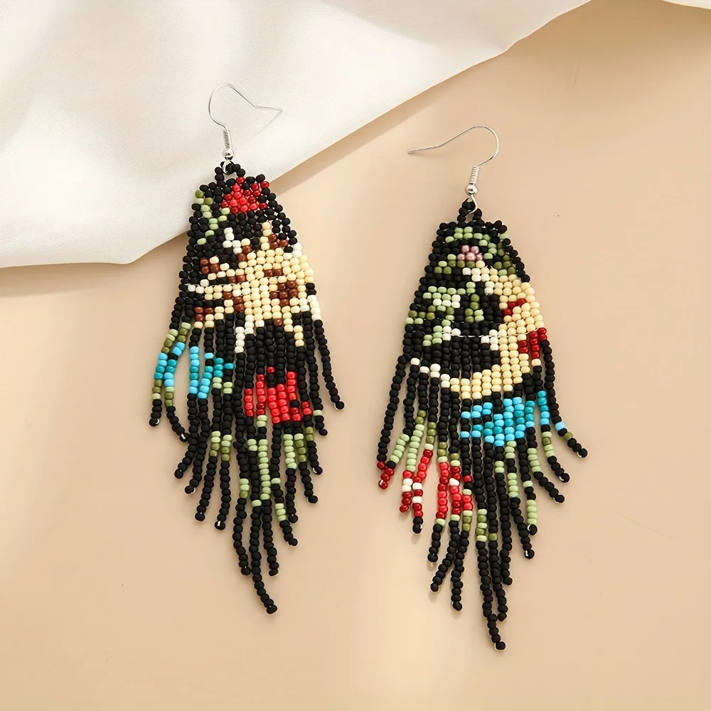 Bohemian Asymmetric Earrings, Star Moon Scenery Tassel Earrings, Handmade Beaded Earrings