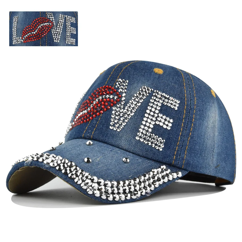 Denim Baseball Cap For Women Retro Rhinestone Love Fashion Cowboy Summer Sun Hat Snapback Caps Casual Outdoor New