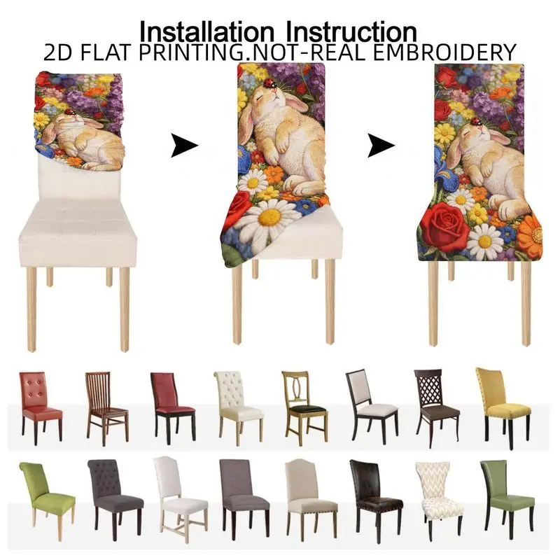 Stretch Dining Chair Cover Bow Chair Cover Tablecloth, Hedgehog Rabbit Cat and Flower Luxury 2D Flat Pattern