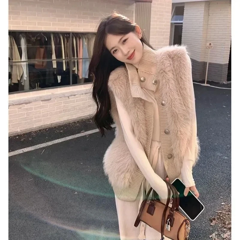 

Winter Vest Coat Women Sleeveless Casual Knitted Sweater Single Breasted Faux Fur Elegant Thick Warm Waistcoat Women Vest Jacket