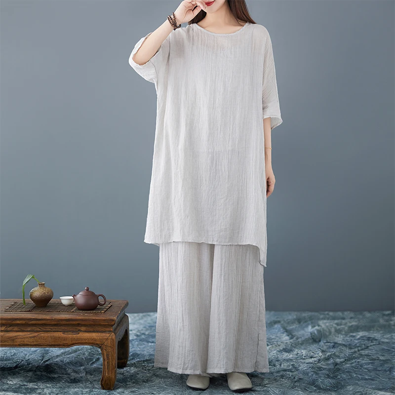 Silk Cotton Linen Set Zen Sle Top Pants Strap Wide Leg Pants Ethnic Stage Costume Women's Premium Ensemble