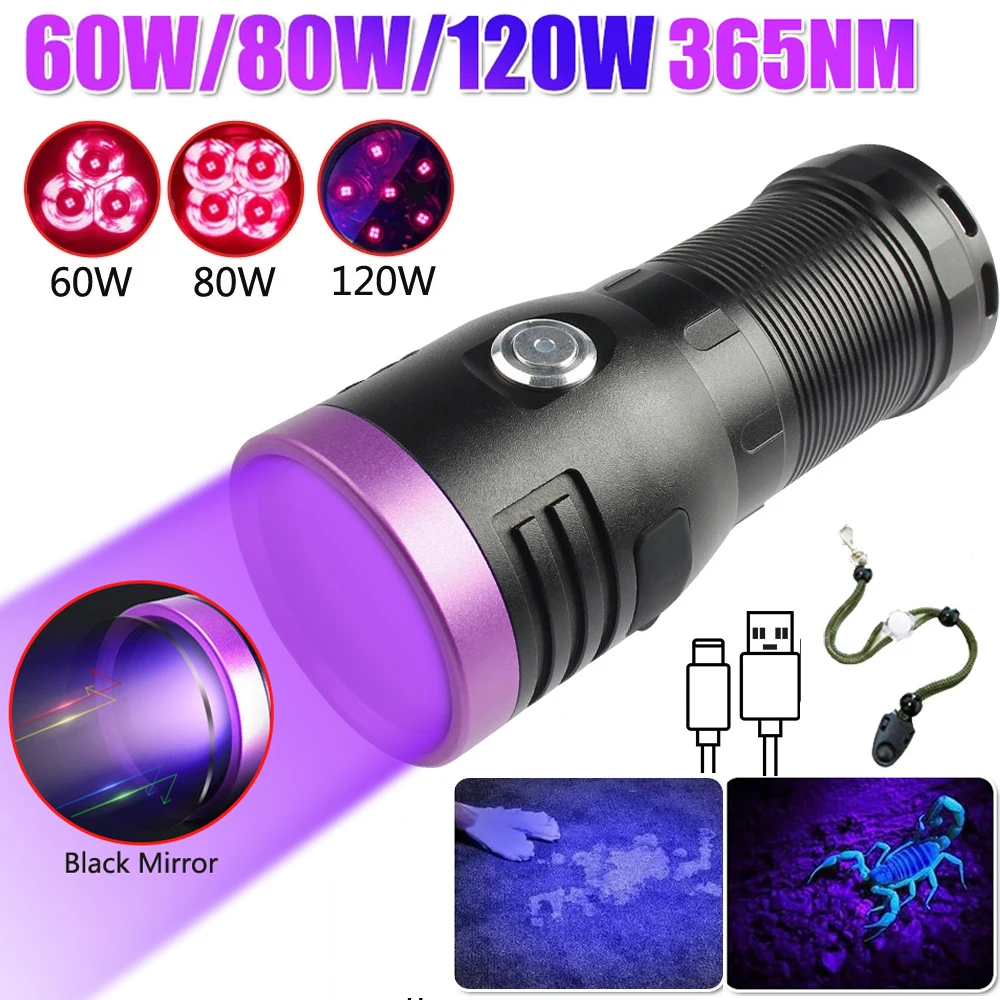 60W/80W/120W High Power UV Flashlight 3/4/6-CORE 365nm Type-C Rechargeable Black Mirror Purple Light Wood\'s UV Detection Lantern