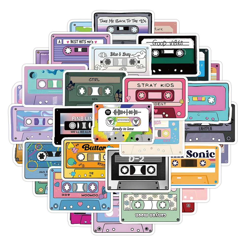 10/30/50pcs Music Tape Cartoon Stickers Graffiti Decals Notebook Laptop Phone Skateboard Fridge Car Waterproof Sticker Kids Toys