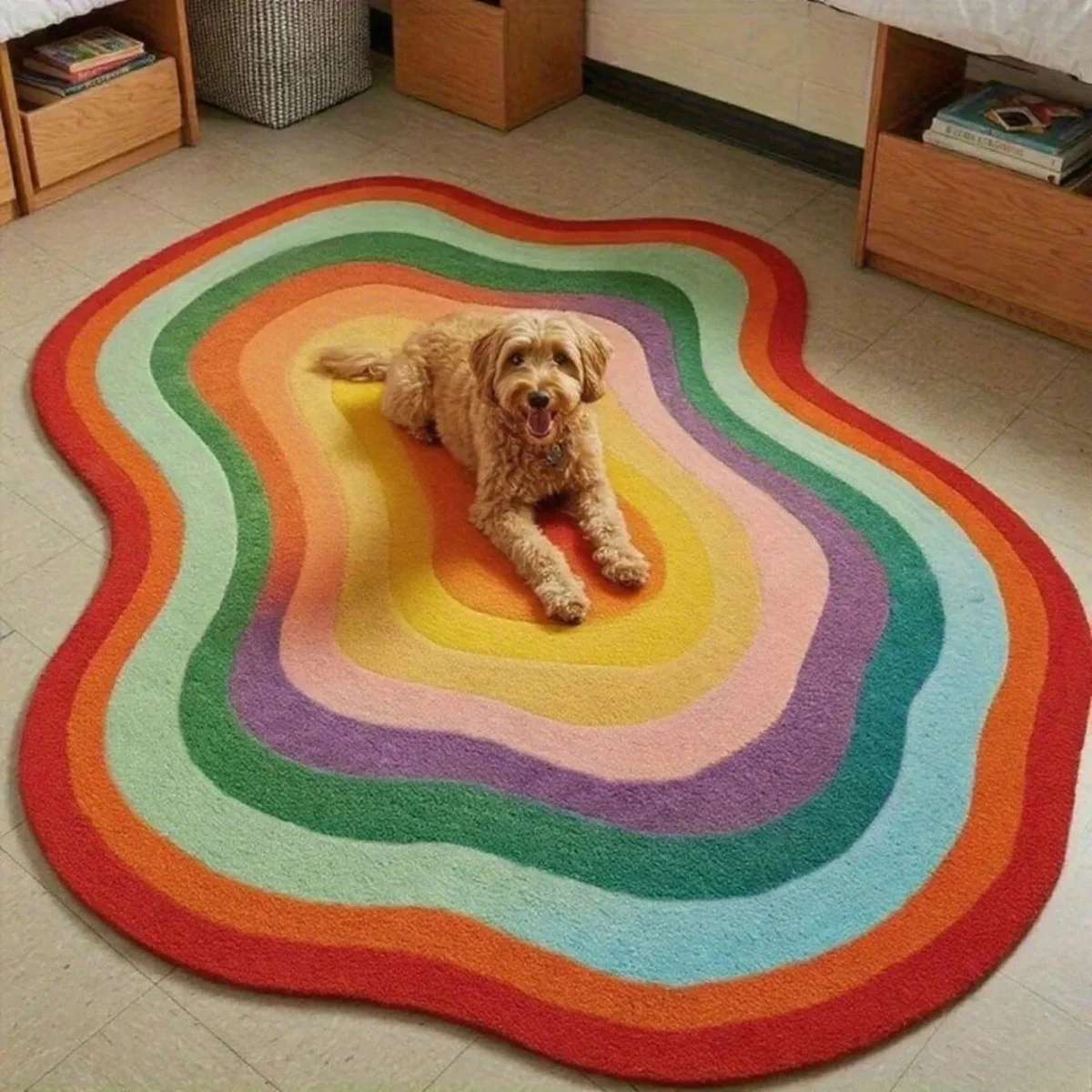 Dopamine Rainbow Wavy Contour Rug Irregular Art Floor Mat Vibrant Living Room Accent For Home Styling