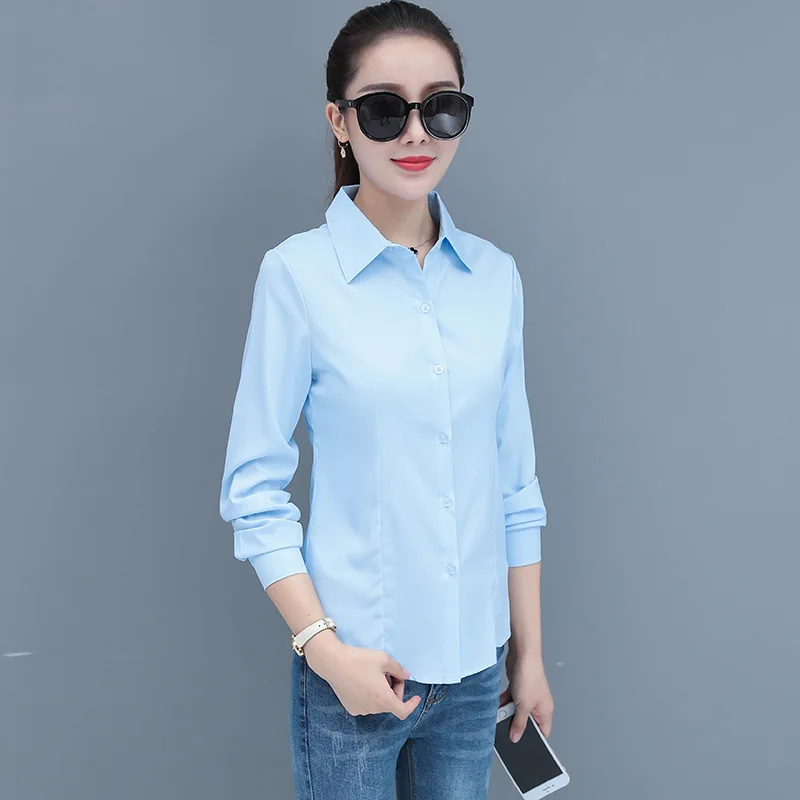 Korean Fashion Blue Women\'s Shirt Long Sleeve Blouse Formal Shirt Slim Female Working Clothes Elegant Ladies Tos Basic OL Blouse