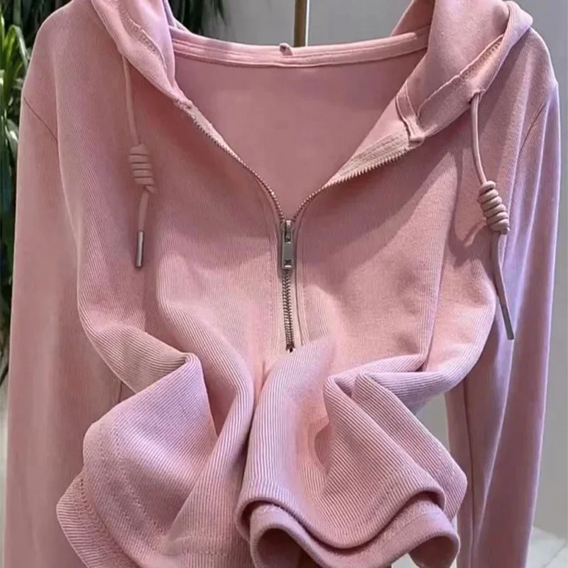 

Spring/Autumn New Solid Color Hooded Long-sleeved Hoodie Women's Pink Casual Korean Top Womens Sweatshirts