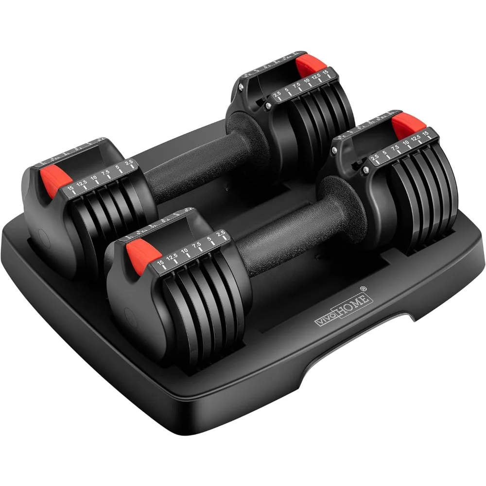 

2.5 lbs to 15 lbs Adjustable Weights Dumbbells Set of 2 with Anti-Slip Handle and Tray Multiweight Options Workout Equipment