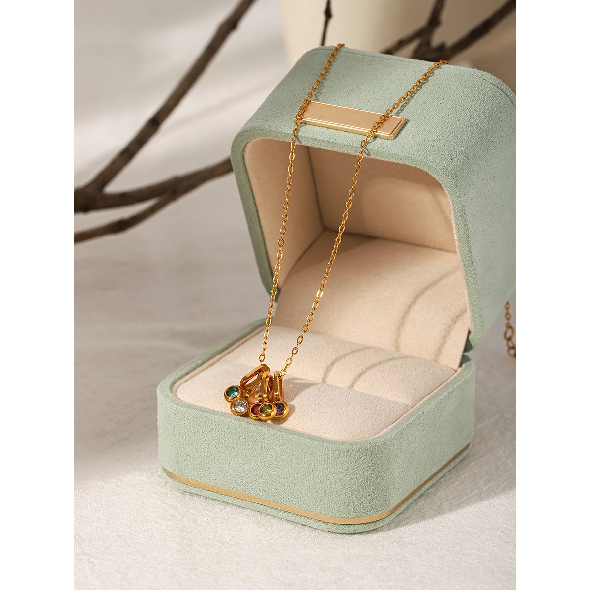 

Personalized Birthstone Double Pendant Necklace 18K Gold Plated Stainless Steel Colorful CZ Waterproof DIY Gift For Women