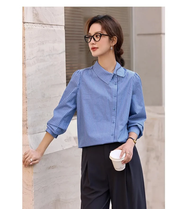VIMLY Women's Blue Striped Shirt 2026 Spring New Irregular Placket Turn-Down Collar Long Sleeve Top Casual Commute Shirt A3711