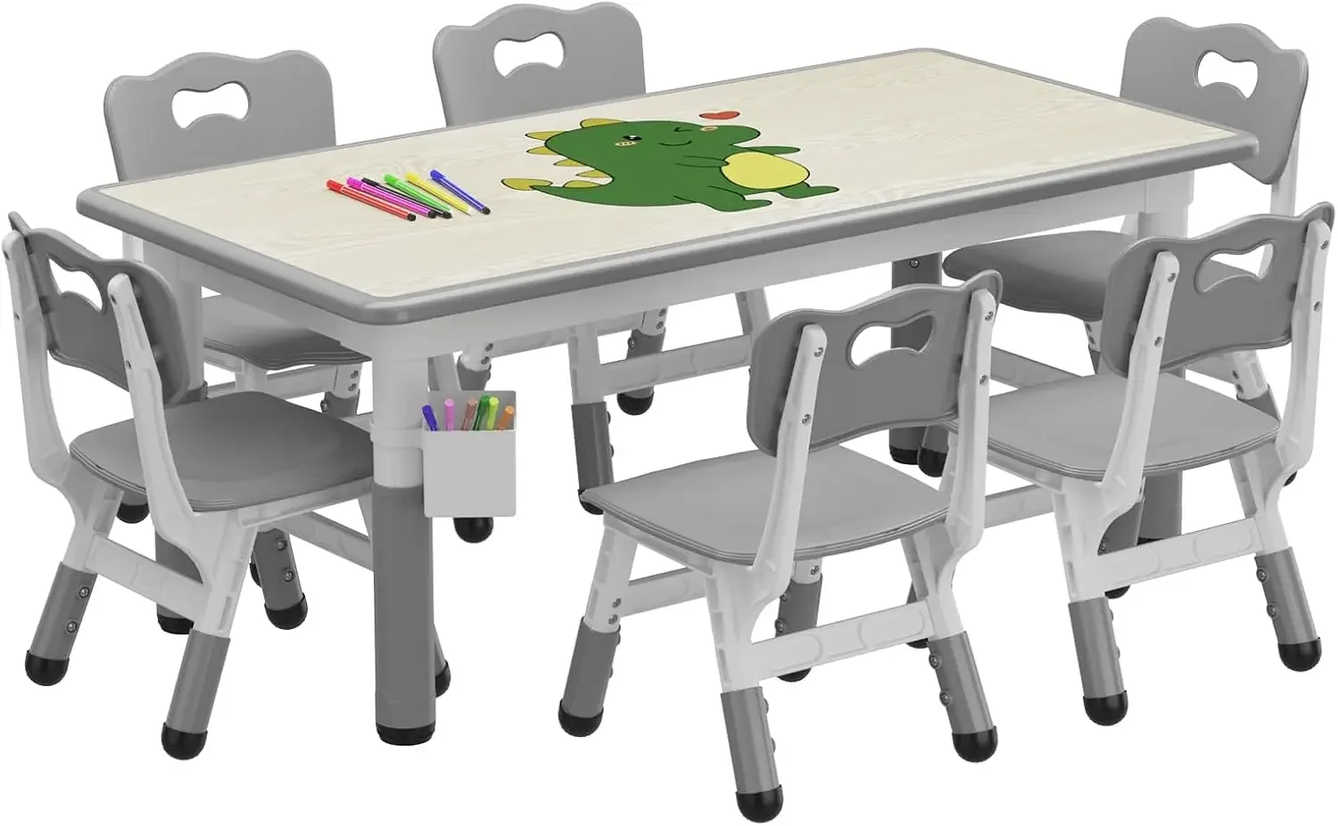 Conjunto de mesa infantil e 6 cadeiras com caixa de armazenamento, conjunto de mesa e cadeira para crianças com altura ajustável para idades de 2 a 10 anos, graffiti