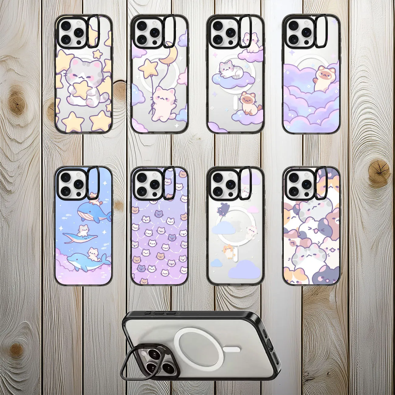 

Cat Dolphin Magnetic Cover for IPhone 16 ~ 12 Pro Max Featuring Girl Cartoon Camera Stand & 2.5 Acrylic Black Border