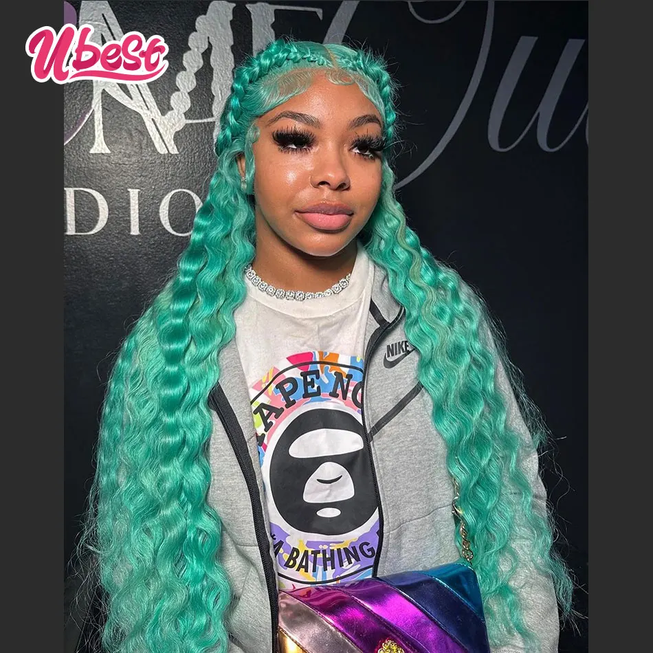 Perruque Lace Front Wig naturelle ondulée, cheveux humains, couleur turquoise cyan, 13x6, 13x4, pour femmes