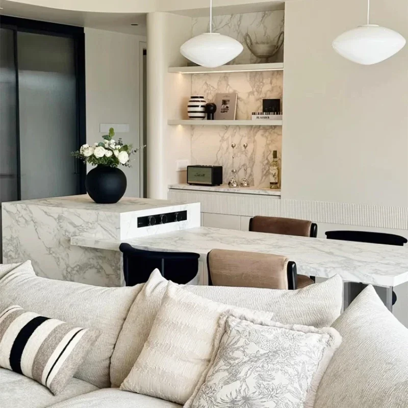 

Large flower white slate island dining table integrated retractable household custom acrylic