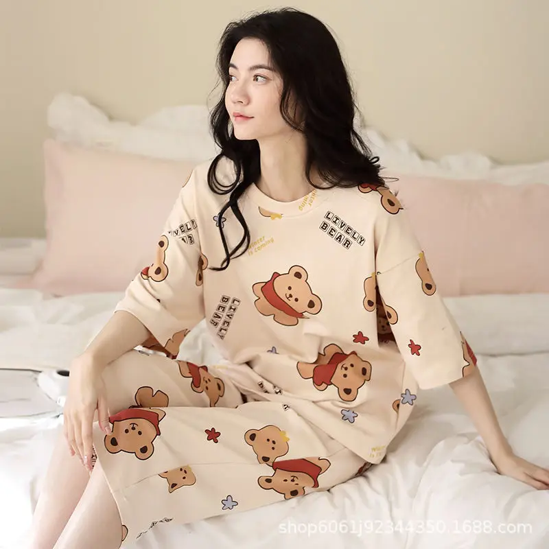 Pajamas Women\'s Summer Seven Pants Cute Star Bear Short-Sleeved Loose Large Size Ladies Home Clothing Can Be Worn Externally