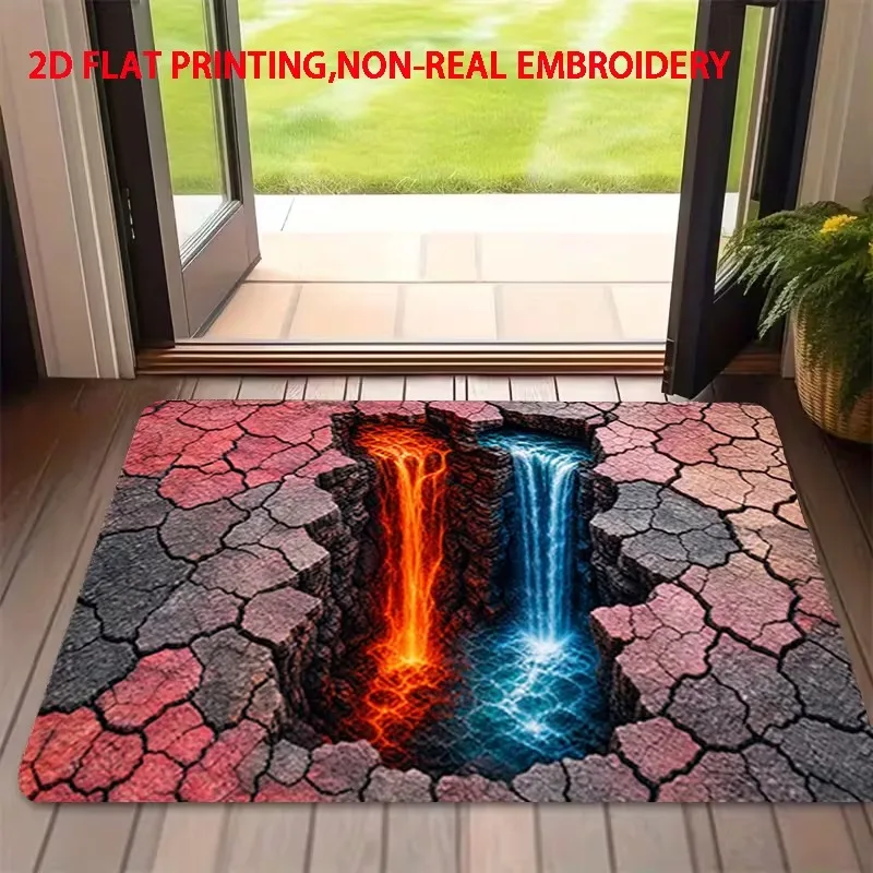 Funny 2D Visual Illusion Doormat Magic Crack‑Ground with Red‑Hot Lava and Ice‑Blue Waterfall Pattern Decorative Rug Mat